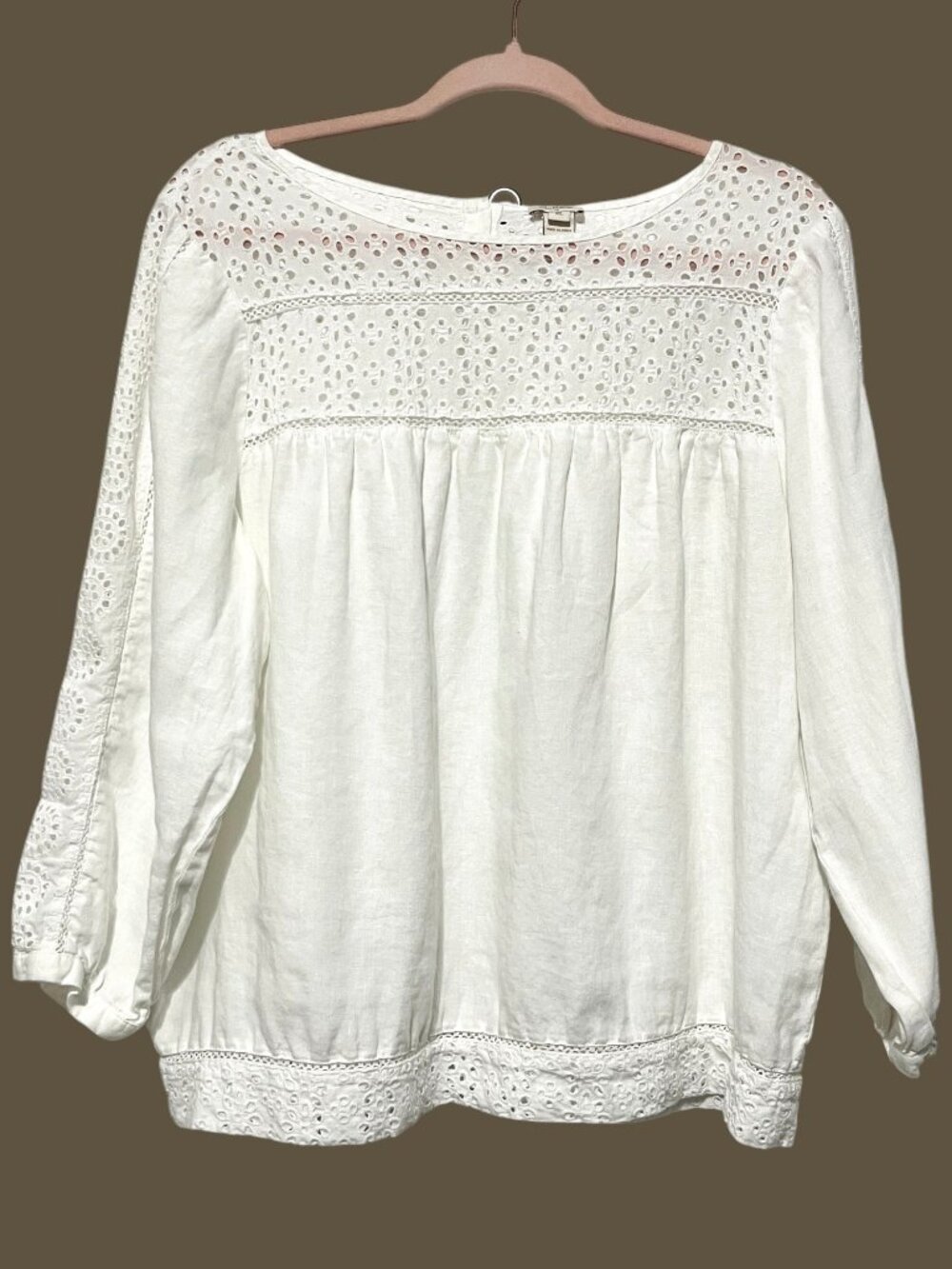 J Crew Womens Linen Eyelet Blouse XL White Coastal Cottagecore Boho Beachy